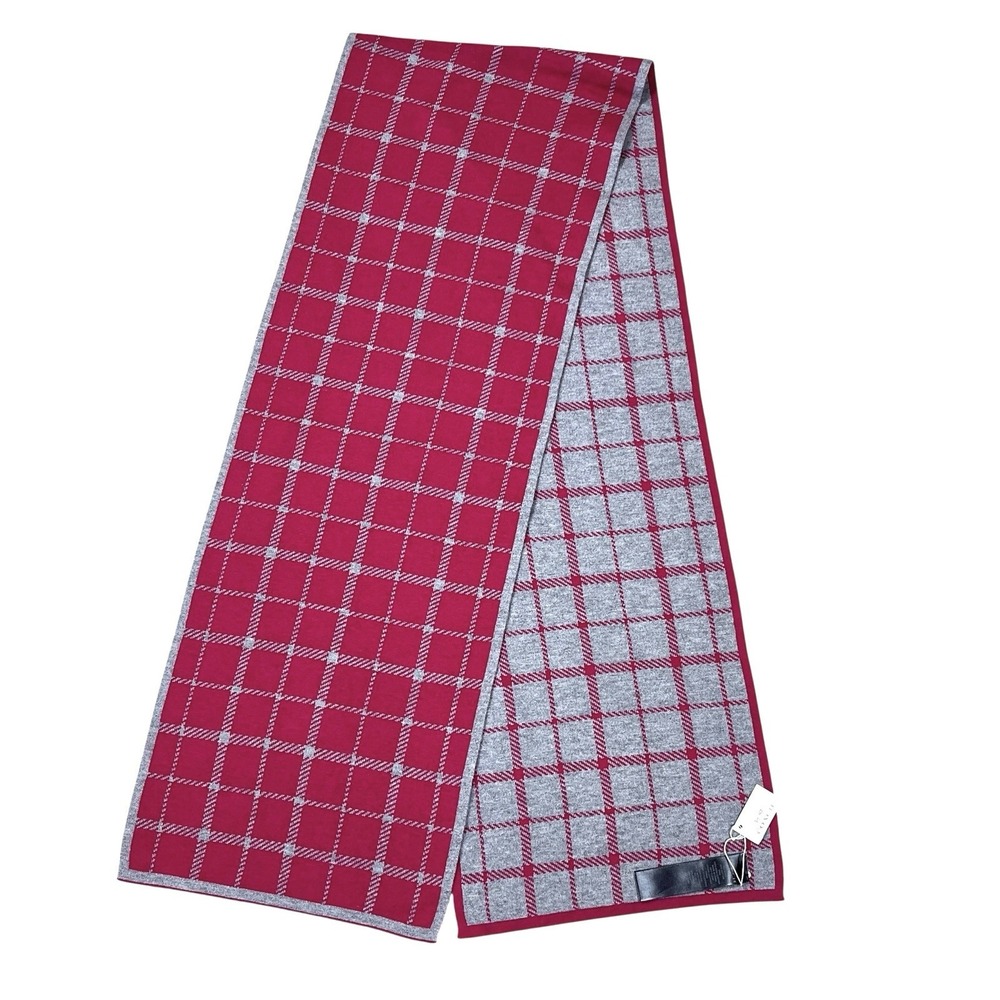 NWT Coach Tattersall Oblong Scarf Wool Blend Cranberry & Gray Check Classic Luxe